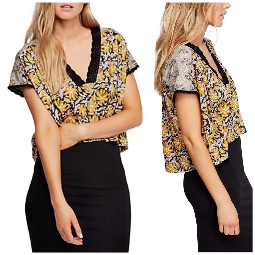 NWOT Free People Cropped Lace Trim Floral Short Cap Sleeve Top
